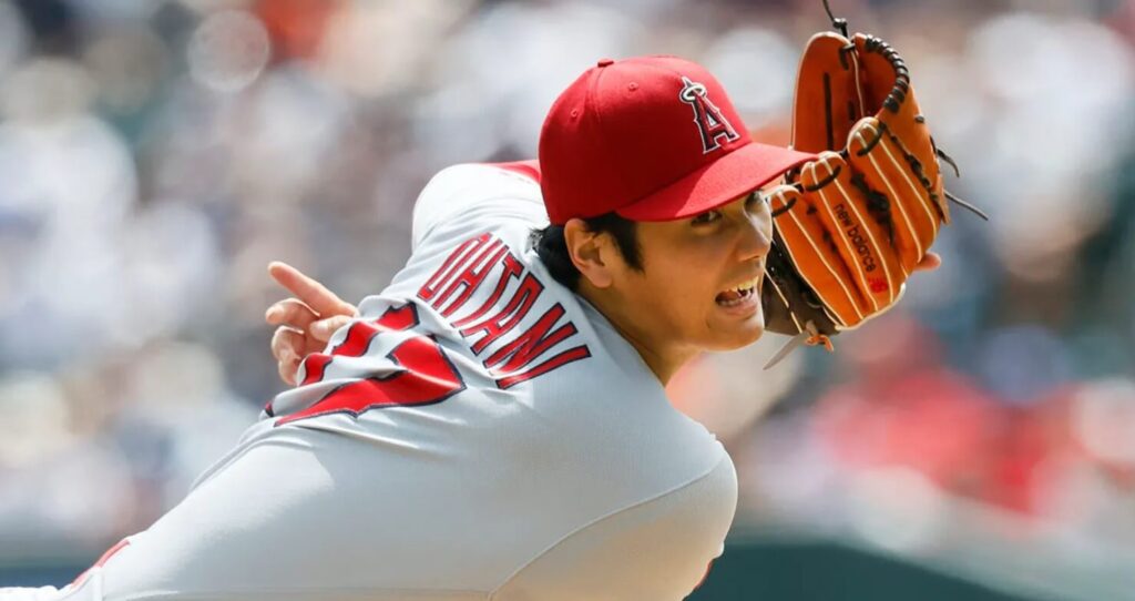 Shohei Ohtani in action during a baseball game.