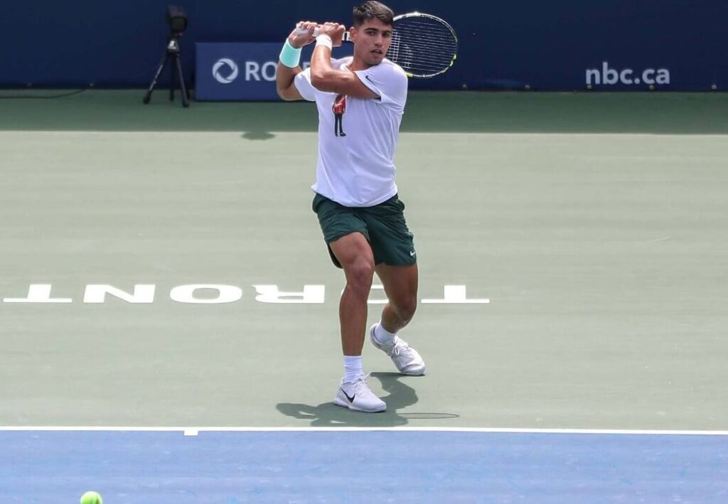 Carlos Alcaraz practicing ahead of the 2023 National Bank Open in Toronto.