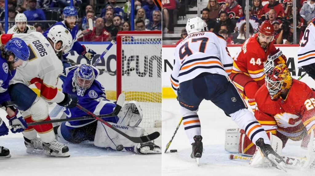 NHL teams battling on the ice during the intense playoff season.