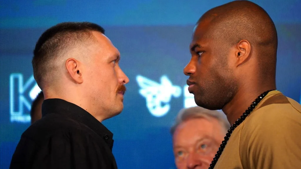 Dubois and Usyk face-to-face at a pre-fight press conference.