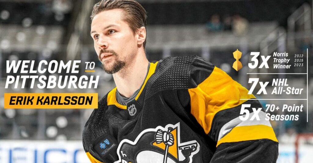 Dynamic view of Karlsson, bringing his expertise to the Penguins lineup.