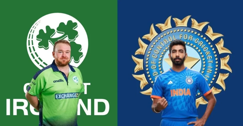Ireland and India cricket teams facing off in T20 match.