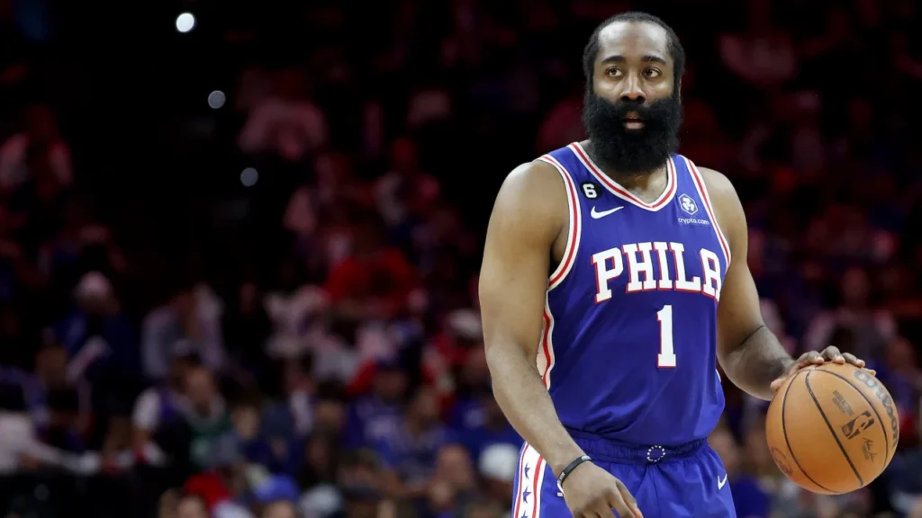 James Harden sporting his iconic beard during a game.