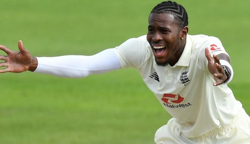 Jofra Archer in action during a cricket match.