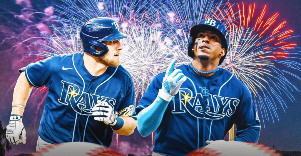 Rays baseball players in their iconic blue and white uniforms.