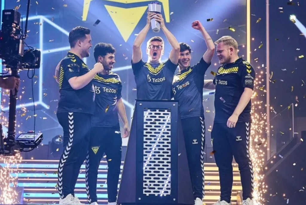 Celebratory moment of Team Vitality with the tournament trophy.