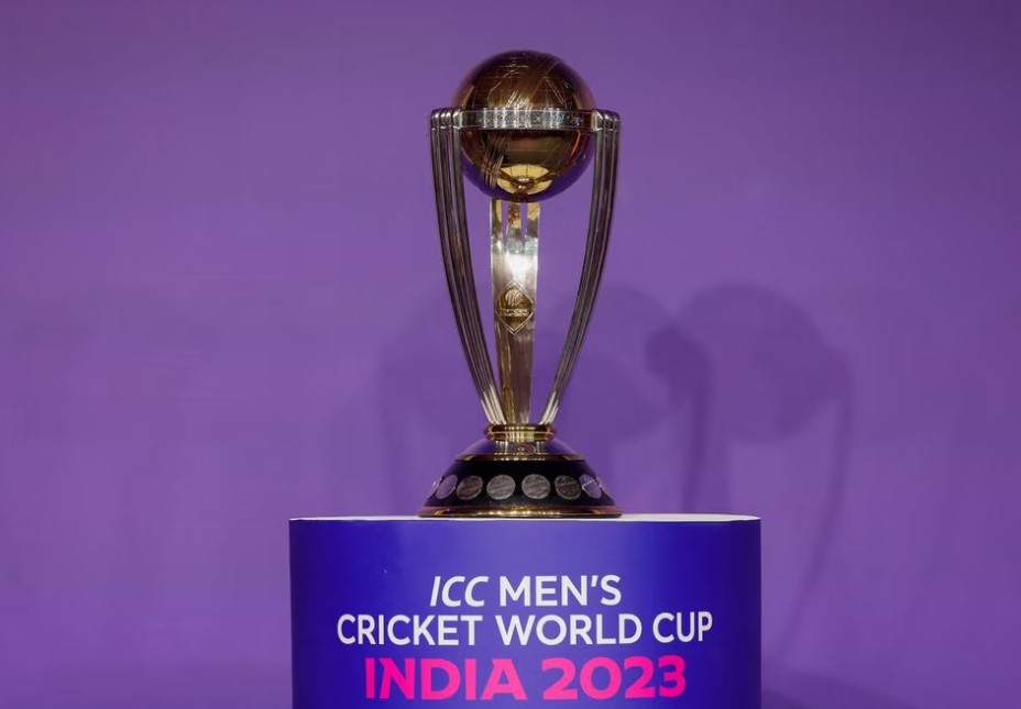 The ICC Men's Cricket World Cup trophy was displayed at a Mumbai press conference.