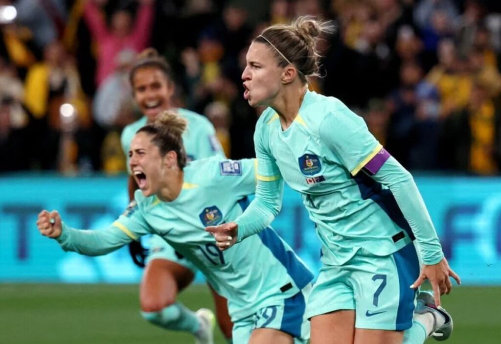 Steph Catley from Australia jubilantly marks her fourth goal in the Australia vs Canada Group B match at the 2023 Women's World Cup.