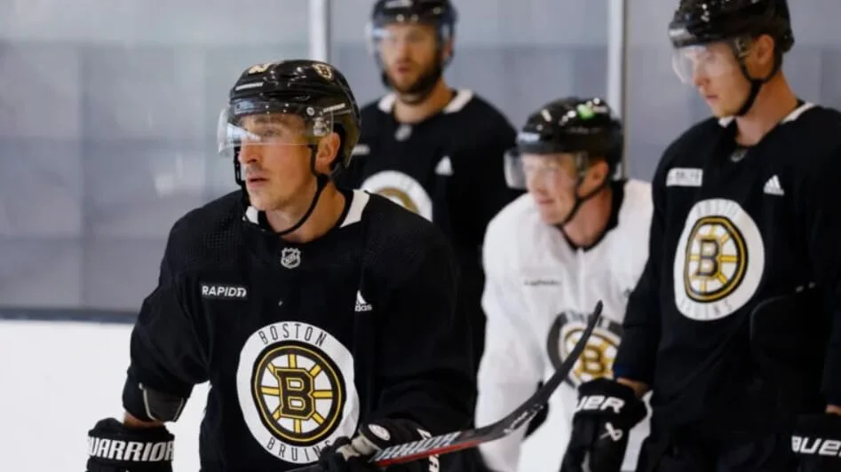 Brad Marchand and the Bruins returned to the ice at Warrior Ice Arena.