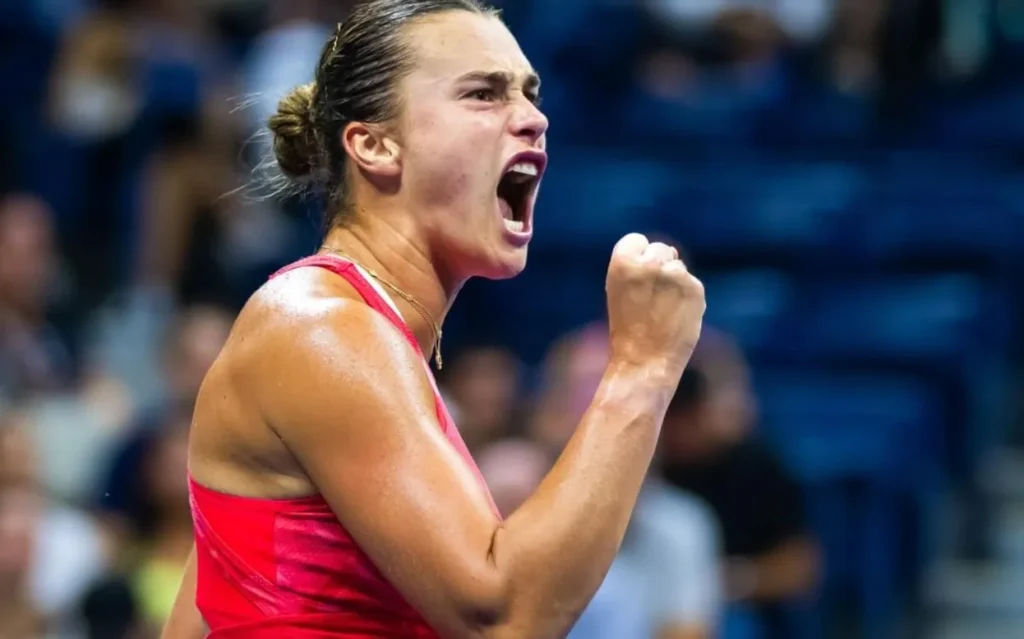 Close-up of Sabalenka, showcasing her determination on the tennis court.