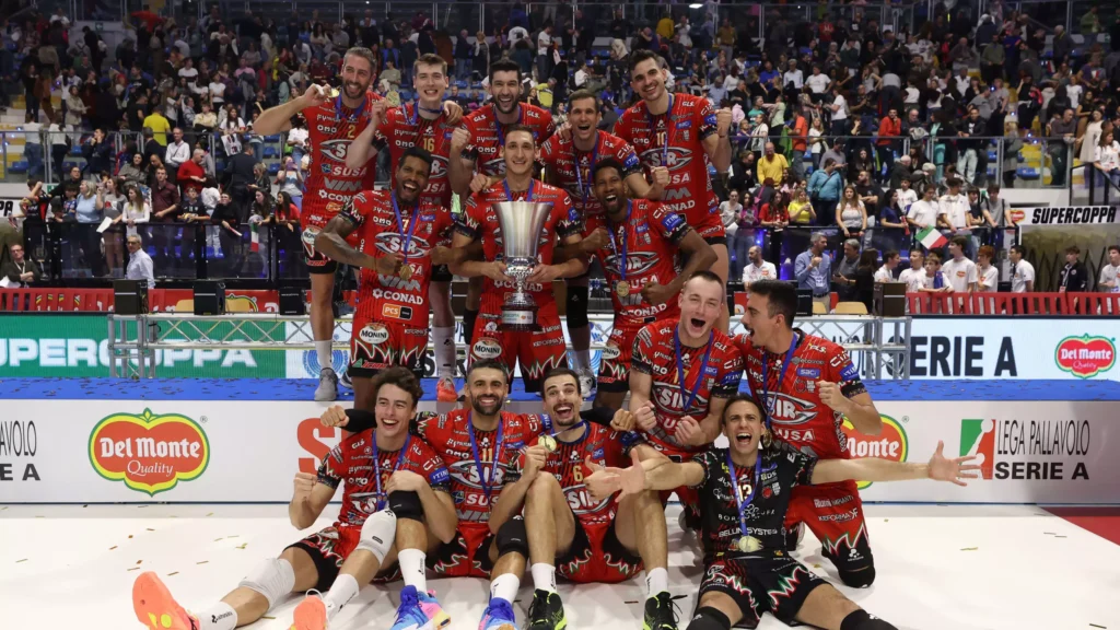 Perugia players pose with the Supercoppa trophy