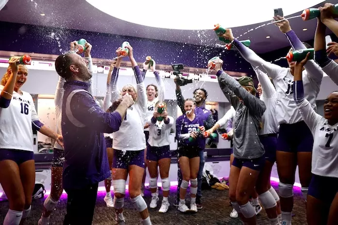 The Wildcats douse coach Jason Mansfield after Kansas State swept Texas Will Huster
