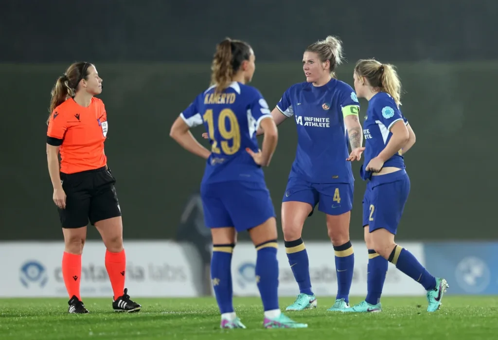 Chelsea's Millie Bright appeals to referee Frida Klarlund after the last-minute goal was disallowed.